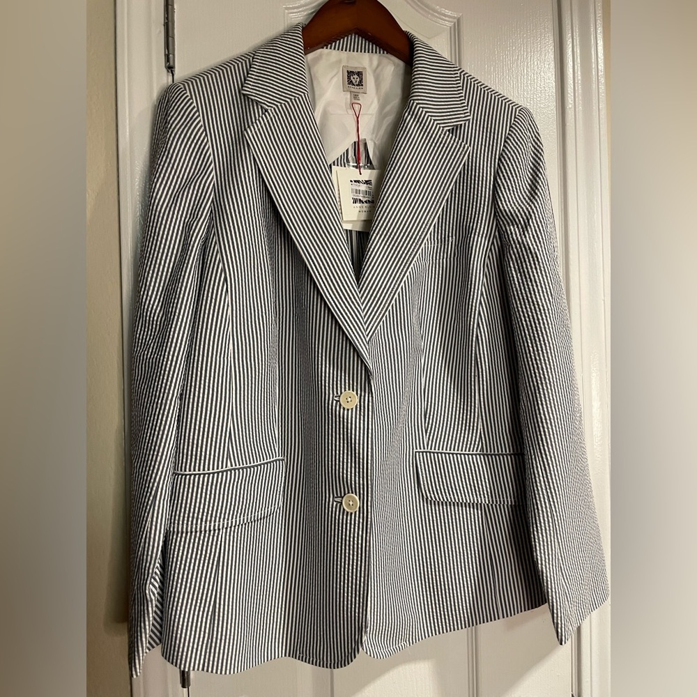 Striped Seersucker Blazer - Navy & White